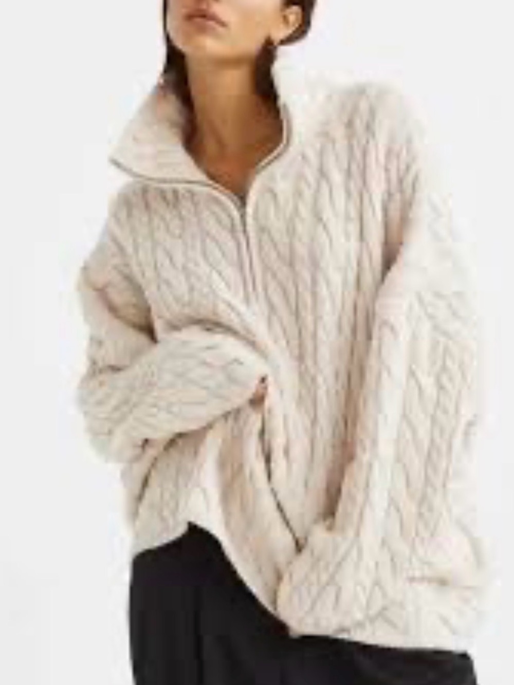 H&M Cream Cable-Knit Wool Blend Half-Zip Sweater